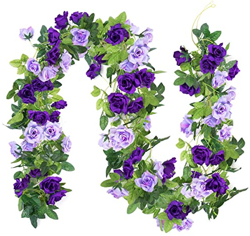 Kisflower 3PCS künstliche lila Blume Girlanden 23.7FT Seide Rose Girlande gefälschte hängende Blumengirlanden für Hochzeit Home Decoration (Violett)