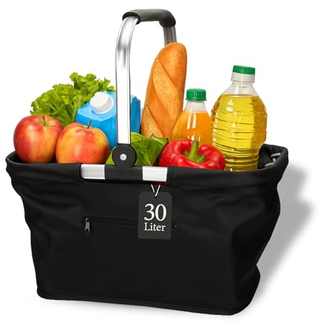 Einkaufskorb faltbar 30L mit Aluminiumrahmen - für Einkäufe und Ausflüge | 30L, faltbar, Aluminiumrahmen, Henkel, Einkaufstasche, Ausflug, Strand, stabil, platzsparend, Korb