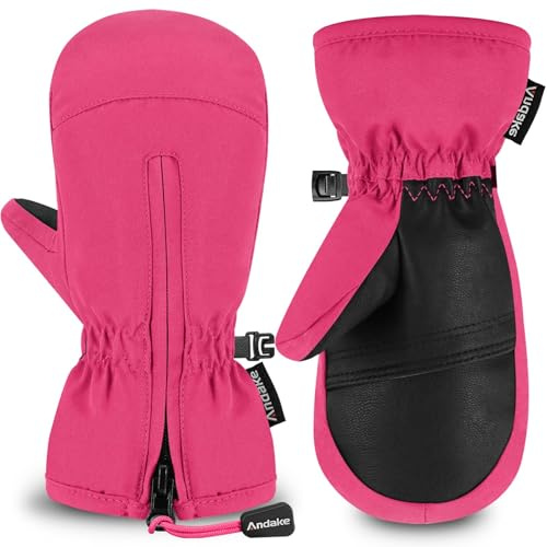 Andake Kinder-Skihandschuhe für Jungen und Mädchen, geeignet für Outdoor-Sportarten, elastische Bündchen, Reißverschluss, warm, wasserdicht(Lilarosa-4-6Y:XXS)