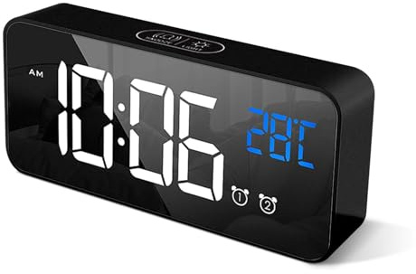 HOMVILLA Digitaler Wecker mit großer LED-Temperaturanzeige, tragbarer Spiegelalarm mit Doppelalarm, Zeit-Dimmer, Helligkeitsdimmer in 4 Stufen verstellbar (schwarz)