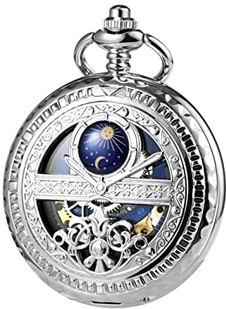 TREEWETO Mechanische Herren Taschenuhr, Sonne und Mond, Skelett, römischen Ziffern, Taschenuhren mit Kette für Herren