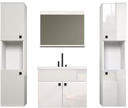 Badmöbel-Set Haven Weiß / Weiß Hochglanz Lack | feuchtraumgeeignet · Metallgriffe · 6 Türen, 2 offene Fächer, 4 Einlegeböden