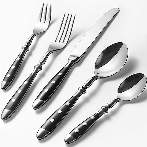 Alata Besteck Set für 6 Personen - Rustikales Tafelbesteck Set aus Edelstahl mit schwarzen Griffen - Geschmiedet und schwer - Serie Berlin