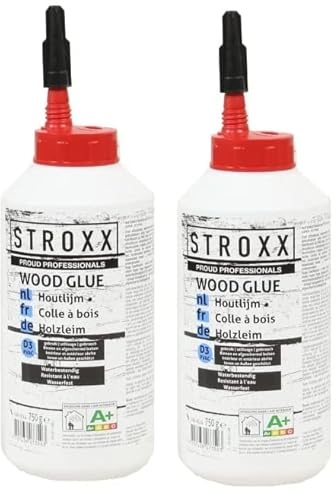 STROXX® 2x Holzleim 750g (1,5Kg) weiß – wasserfest & temperaturbeständig – perfekt für den Innen- & Außenbereich geeignet–schnelltrocknender Super D3 PVAC Holzkleber für Verleimungs- & Bastelarbeiten