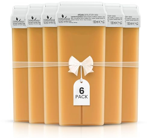 DERMAWAX Roll-On Wachspatronen 6x100 ml Arganöl – Made in Italy Warmwachs Nachfüllset – Für empfindliche Haut – Kompatibel mit allen 100 ml Wachserwärmern – Beine, Arme, Rücken & Brust