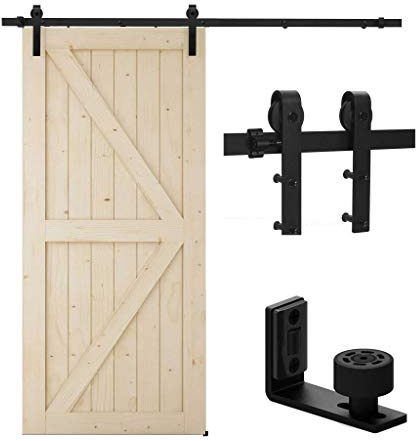 TSMST 243cm Schiebetürsystem Komplett-Set für Schiebetüren mit Bodenführung Schwarz Schienen-Kit Passend für eine einzelne Holztür, J-Form