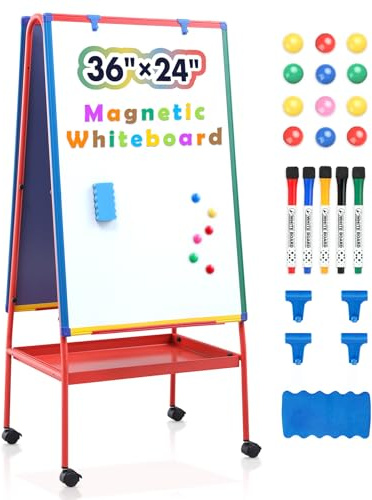 Swansea Whiteboard-Ständer mit Lagerung, 90x60cm, Höhenverstellbar, Doppelseitiges Magnetisches Design, Mobil Whiteboard Flipchart mit Rollen für Klassenzimmer, Schule
