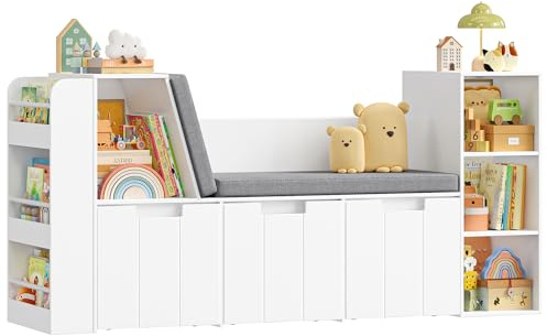 HOCSOK Kinderregal, 156 cm Bücherregal Kinder mit Sitzbank, Spielzeugregal Kinderzimmer Aufbewahrung mit Boxen auf Rollen, Kinderzimmer Regal Weiß, 80×38×156 cm