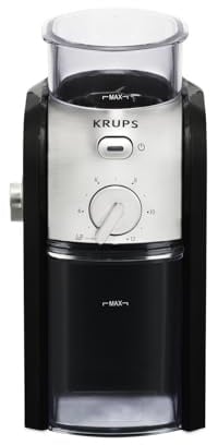 Krups elektrische Kaffeemühle mit Mahlgrad- und Tassenzahlauswahl, Scheibenmahlwerk aus Edelstahl, 17 verschiedene Stufen, große Einfüllöffnung mit Sicherheitsdeckel, Espressomühle, Schwarz, GVX212