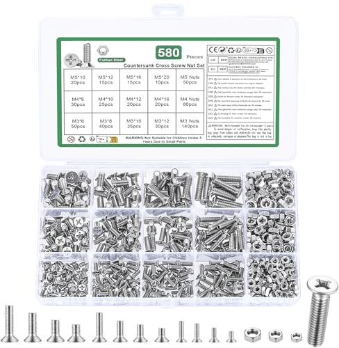 580 Stk M3 M4 M5 Schrauben Set, Senkkopfschrauben Muttern Set, Flachkopfschrauben und Muttern Set, Kreuzschlitz Maschinenschrauben Sortiment Kit mit Unterlegscheiben Set(Silber, M3 M4 M5)