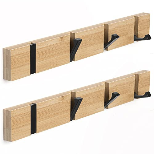 Garderobe 40cm mit 4 Haken – Wandgarderobe für Schlafzimmer, Flur & Eingang | 2 Stück Hakenleiste Holz – faltbare Haken, Montage ohne Bohren, belastbar bis 14 kg, passend für Jacken, Mäntel, Hüte, Schals