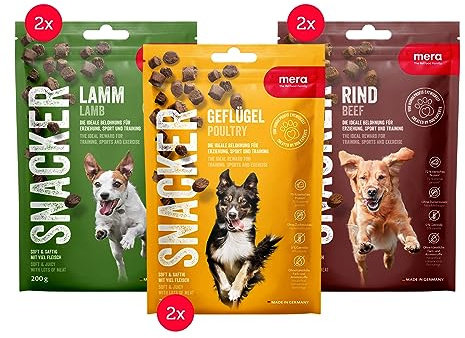 MERA Snacker Mix-Pack 6x200g getreidefreie Hundeleckerli | Saftige Zutaten & softe Konsistenz, ohne Zucker oder künstliche Farb- & Aromastoffe, für eine natürlicher Ernährung