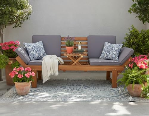 Wohnando Gartenbank mit Tisch - 2 Sitzer Holzbank aus Akazie | Robuste Sitzbank Outdoor aus geöltem Akazienholz, 8 cm Kissenauflagen, wetterfest für Balkon & Terrasse