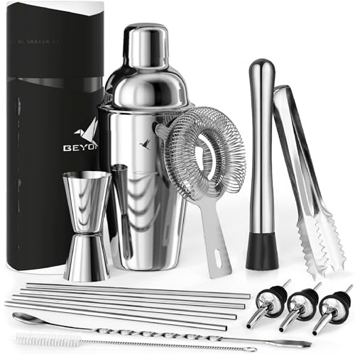 Beyond 15-teiliges Cocktail Shaker Set - Edelstahl Cocktail Set mit Bar Zubehör in Geschenkbox - Set mit Sieb, Messbecher, Jigger, Stössel, Löffel - Edles Cocktailmixer Barset - Cocktailshaker Set