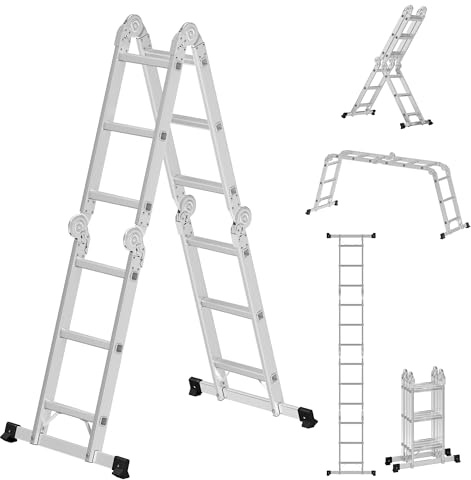 SONGMICS Leiter, Mehrzweckleiter, Trittleiter, Aluleiter, Haushaltsleiter, 4 x 3 Stufen, bis 150 kg, 12 Stufen, in 6 Positionen, 326 cm lang, silbern GLT36M