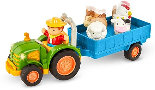Battat Farming Fun Spielzeugtraktor mit Anhänger, Licht und Geräuschen | 7-teiliges Bauernhof-Spielset mit Traktor, abnehmbarem Anhänger, Bauer und 4 Tieren, mit Licht und Geräuschen, 18+ Monate