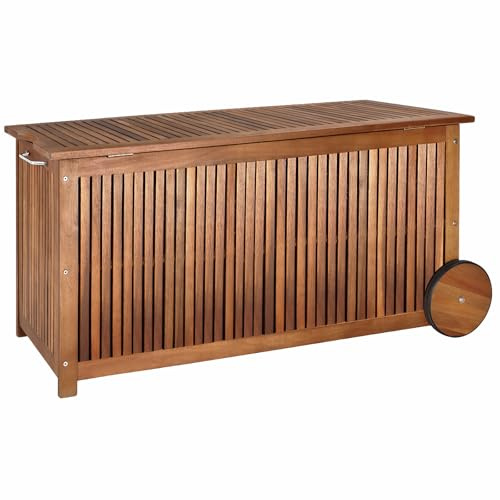 Casaria® Gartenbox Holz 350L Deckel 160kg belastbar Räder Griff Innenplane Ablaufkante Garten Stauraum Box Auflagenbox Akazie Wetterfest 117x52cm