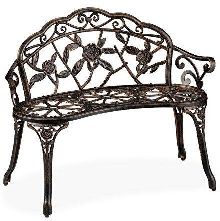 Relaxdays Gartenbank, 2 Sitzer, Rosen, Terrasse, Balkon, Alu & Gusseisen, antike Sitzbank, HBT: 78 x 99 x 52 cm, Bronze, Braun