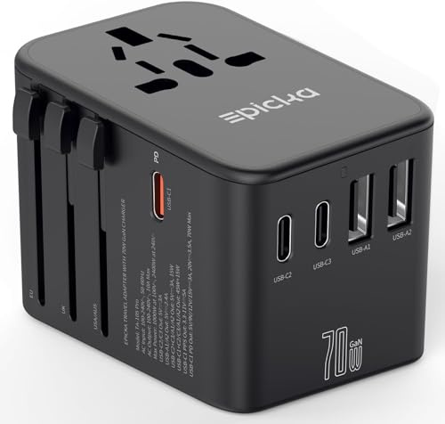EPICKA GaN Reiseadapter Weltweit 70W PD Charge mit 3-USB C und 2-USB-A | Universal Reisestecker,Travel Adapter Schnellladegerät,Internationaler Adapter für DE USA UK JP TH,TA-105 Pro,Schwarz