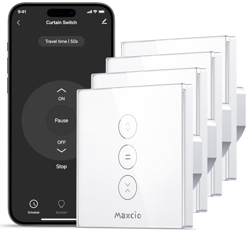 Maxcio WLAN Touch Rolladenschalter für Smart Home mit Sprachsteuerung | Kompatibel mit Alexa/Google Home, Abschaltbare LED-Beleuchtung für Schlafzimmer, 240V 10A, Nullleiter Erforderlich, 4 Stück