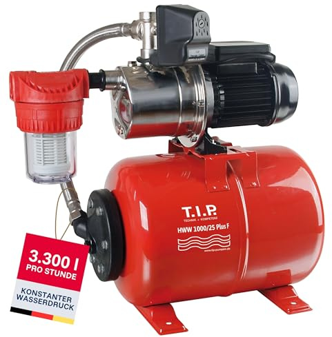 T.I.P. Hauswasserwerk Edelstahl mit Vorfilter (3.300l/h Fördermenge, 46m Förderhöhe, 4,6bar Druck, 800W, Installationsfertige Druckschaltung, 22l Stahl-Druckkessel, Manometer)HWW 1000/25 Plus F, 31144