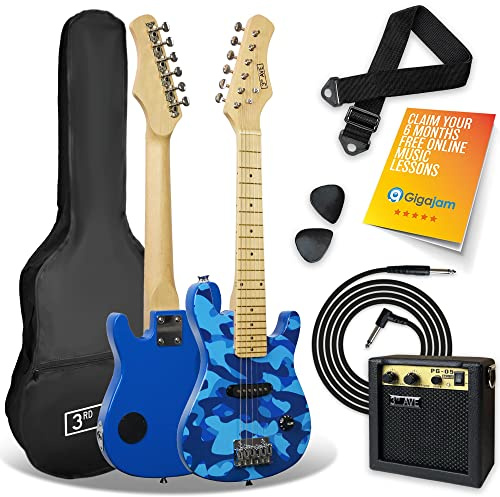3rd Avenue 1/4 Kinder E-Gitarre Set mit 5W Verstärker, Blau Camo | Batteriebetriebener 5W-Verstärker für überall; Kabel, Gigbag, Gurt & Plektren dabei — für 5-8 Jahre