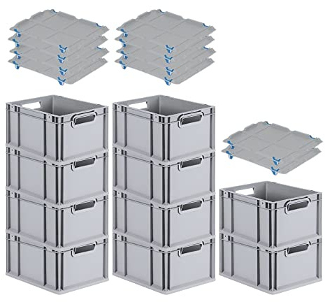 PROREGAL SparSet 10x Eurobox NextGen Grip mit Auflagedeckel & 4 blauen Schiebeschnappverschlüssen, HxBxT 22x30x40cm, 20 L, Grau, Griffe offen, Eurobehälter, Transportbox