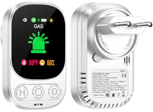 Gedsffati Gasmelder mit Stecker für Haus, Gaswarnmelder Erdgasmelder für Zuhause, Gaswarner für Erdgas LPG Methan Ethan Propan Butan, mit Wiederaufladbarer Batterie, Weiß, HD05-B-0904