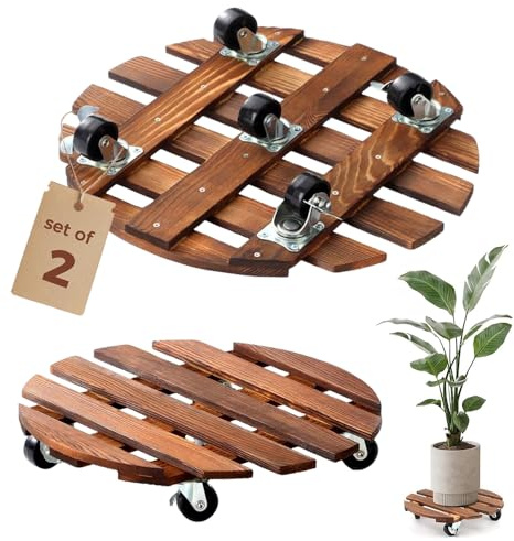 TOPRUNYI Pflanzenroller Holz Rund 2er Set – mit Metall Abschließbare Lenkrollen, Stabiler Rollbrett Pflanzen Durchmesser 30 cm, Belastbar bis 100 kg,Ideal für Schwere Blumentöpfe und Pflanzenständer