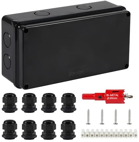DAMORON Wasserdichte Abzweigdose IP65, Aufputz Verteilerdose Ø12-15 mm, ABS Groß, Unterputz für Feuchträume | Schwarz, 200x100x70mm
