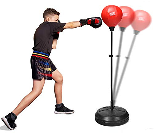 GYMAX Punchingball, Boxbirne Stehend 120-154 cm höhenverstellbar, Boxball stehend mit Boxhandschuhen & Pumpe, Punching Ball Stand für Kinder & Erwachsene