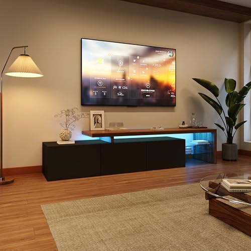 Modernem TV Schrank mit LED, Fernsehtisch mit 3 Schließfach, Hochglänzendes TV-Lowboard, Wohnzimmer-Beistelltisch mit Glasablage, Aufbewahrungsschrank in Holzoptik (Schwarz, 200 x 39 x 42 cm)