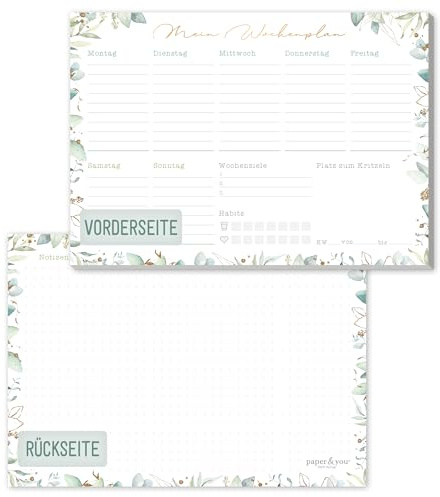paper&you® A5 Wochenplaner Block [Blattgold] 50 Seiten inkl. Notizblock auf der Rückseite - klimafreundlich und nachhaltig