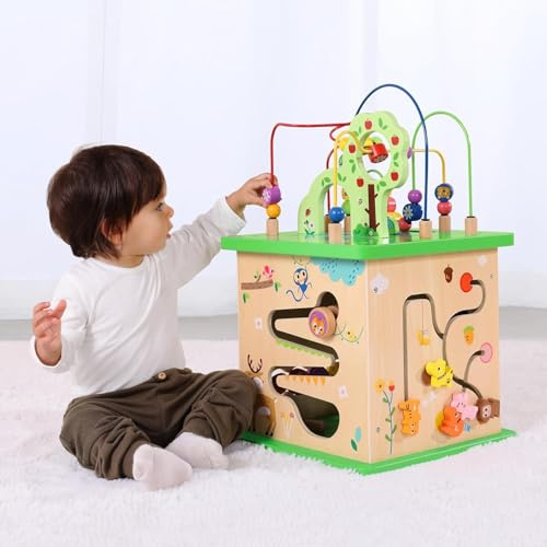 OOOK 5 in 1 Motorikwürfel, Motorikwürfel Groß aus Holz 58,5 X 33 X 33 | Activity Board Tisch mit Motorikschleife, Motorikspielzeug für Kleinkinder, Aktivitätswürfel mit Labyrinthen, Formsortierer