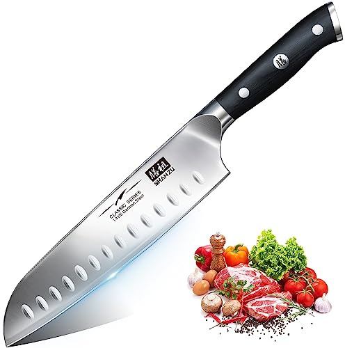 SHAN ZU Kochmesser Küchenmesser, Chefmesser Santoku Deutscher Carbon Edelstahl Scharfe Messerklinge 18cm Ergonomischer Griff Geschenkbox