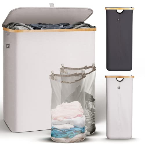 HENNEZ Wäschekorb mit Deckel 2 Fächer Wäschekorb Beige - Grau 140L Wäschesack schmal - Wäschesortierer Wäschebox Wäschetonne Wäschesammler mit Deckel Wäschetruhe Wäschekörbe laundry baskets