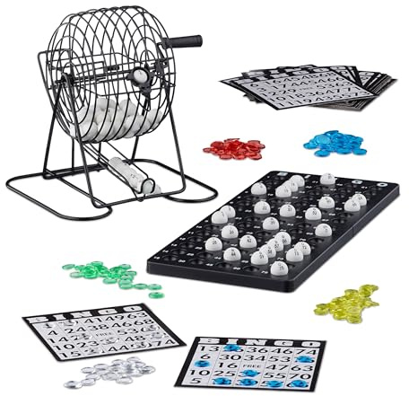 Relaxdays 10021014 Bingo Spiel mit Metalltrommel HxBxT: 20 x 17,5 x 21,5 cm Bingotickets, Loskugeln, Chips, Spielbretter, schwarz