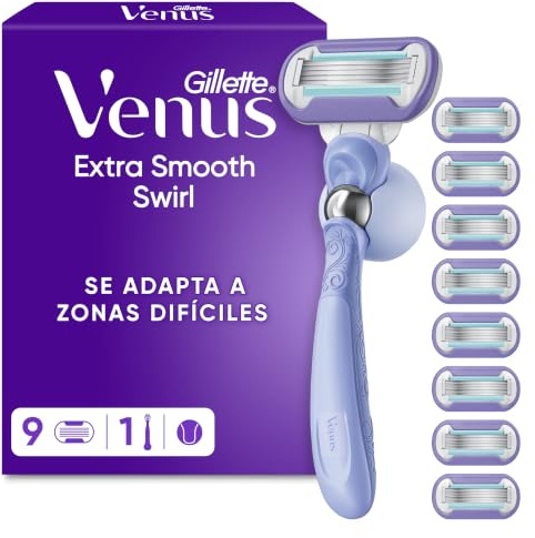 Gillette Venus Extra Smooth Swirl Rasierer Damen, Lila | Damenrasierer für Langanhaltende Glätte Und Geschmeidigkeit, Inkl. 9 Nassrasierer Rasierklingen, Handstück Und Duschhalterung