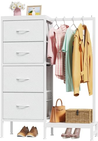 OYRREU 111cm Hoch Kommode mit 4 Stoff Schubladen, Kleine Komodenschrank mit Kleiderstange, Kommode Weiß für Schlafzimmer Wohnzimmer Hallway Dielen, Bedroom Chest of Drawers Dresser, Geschenk