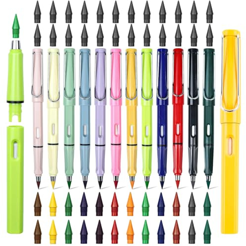 CHENGCKJ 12 Stk Bunte Ewiger Bleistift, Bleistifte mit 48 Wechselkopfm | Radiergummi Tintenloser Bleistifte Set Infinity Magic Pencil Unendlicher Bleistift für Erwachsene