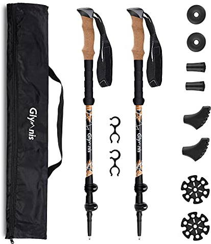 Glymnis Wanderstöcke Trekkingstöcke Walking Stöcke 7075 Aluminium Wanderstock verstellbar 110-130cm und Klemmverschluss mit 4 Paar Gummipuffers für Trekking (Schwarz(Carbon), 65-130 cm)