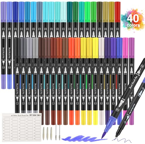 Dual Brush Pen, Filzstifte Set 40 Farben Aquarellstifte mit Zwei Spitzen | Doppelfasermaler Stifte für Bullet Journal, Handlettering, Malbücher, Kalligraphie Manga
