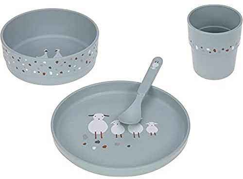 LÄSSIG Kindergeschirr Set (Teller, Becher, Schälchen, Löffel) ohne Melamin, BPA-frei, für Spülmaschine und Mikrowelle/Dish Set Tiny Farmer Sheep