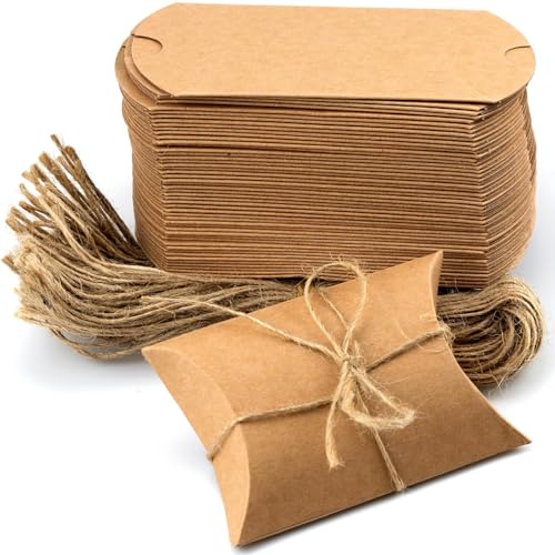 100 Stück Vintage Kissen Geschenkbox, Retro Kraftpapier Schachtel, Klein Geschenkschachtel Kraftpapier TüTen, für Hochzeiten, Partys, Süßigkeiten(mit Juteschnur)