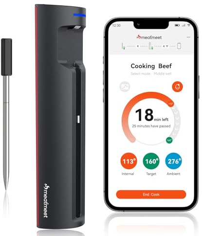Meatmeet Pro Fleischthermometer Kabellos mit WLAN und Bluetooth, App-Überwachung mit Timer und Alarm, IP67 wasserdicht und ölbeständig, kabelloses Fleischthermometer für BBQ, Backofen, Grill, Küche