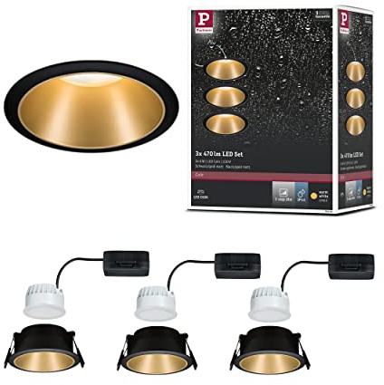Paulmann Einbaustrahler Cole Coin, 3-Stufen Dimmbar, Ø 88mm, 3 x 6,5W, 470 lm, IP44 Spritzwasserschutz, 2700 Kelvin, Schwarz/Gold matt, Einbauleuchte