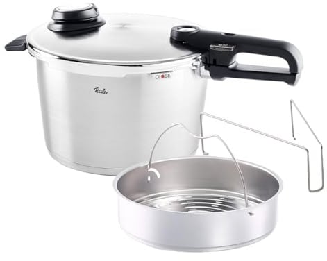 Fissler Vitavit Premium Schnellkochtopf (8 L, Ø 26 cm) mit Dämpfeinsatz, Premium Edelstahl, 4 Garstufen inkl. Dampfgarstufe, Cookstar Boden, Induktion, Made in Germany