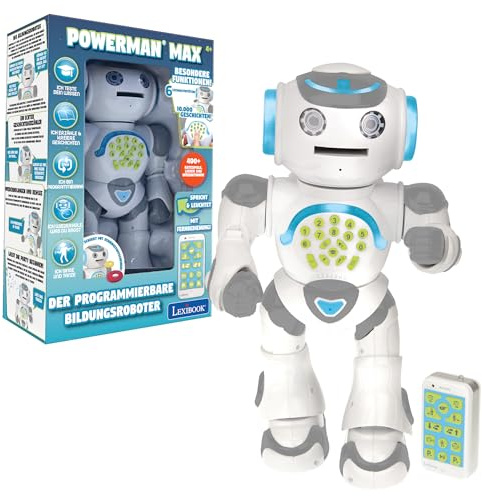 Lexibook, Powerman Max, Fernbedienung Gehen Sprechender Spielzeugroboter, STEM Programmierbare, Tänze, Singen, Lernquiz, Schießende Discs, Sprachwiederholung, Deutsch, ROB80DE