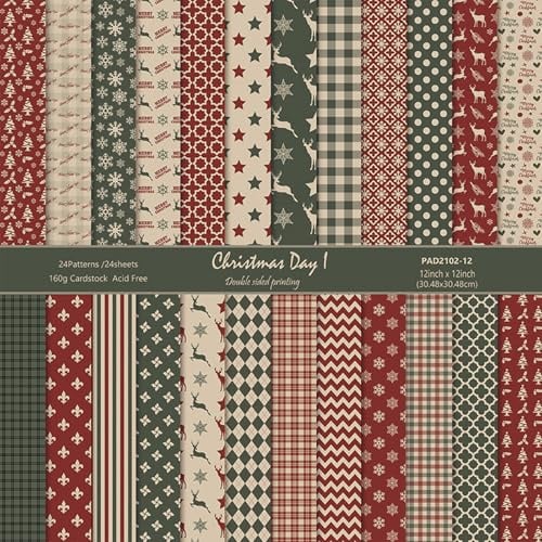 MerwDeeyt Scrapbook Papier Weihnachten Bastelpapier mit Muster (A) | 30,5x30,5 cm/12x12 in, Doppelseitiges, Winter Motivpapier, 24 Blatt, Buntes Dekopapier, für Journal Scrapbooking