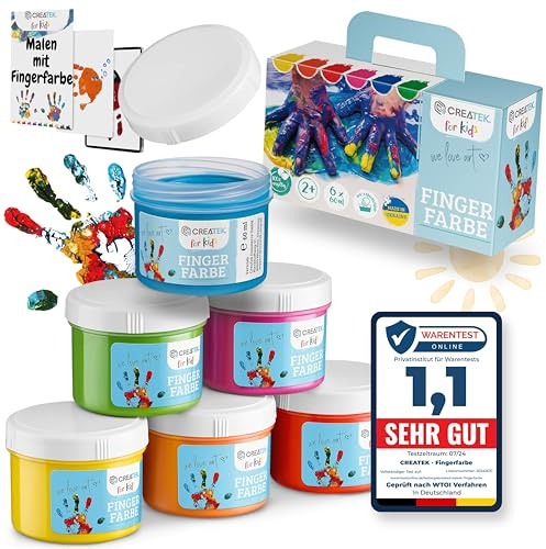 CreaTek - Fingerfarben Kinder ungiftig ab 2 Jahre [ inkl. lustiger Malvorlagen ] 100% sicher, vegan, geruchlos & auswaschbar - 6x leuchtende Grundfarben je 60ml - Fingermalfarben für Kinder ungiftig